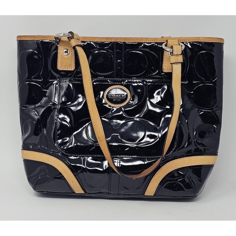 Coach Tote Bag Womens Medium Black Signature C Patent Leather Shoulder Purse